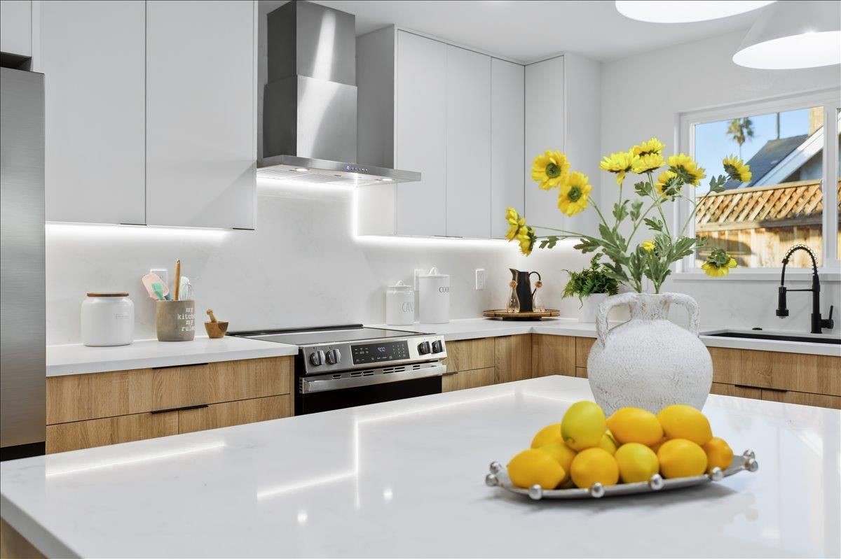 Styled kitchen island with range hood