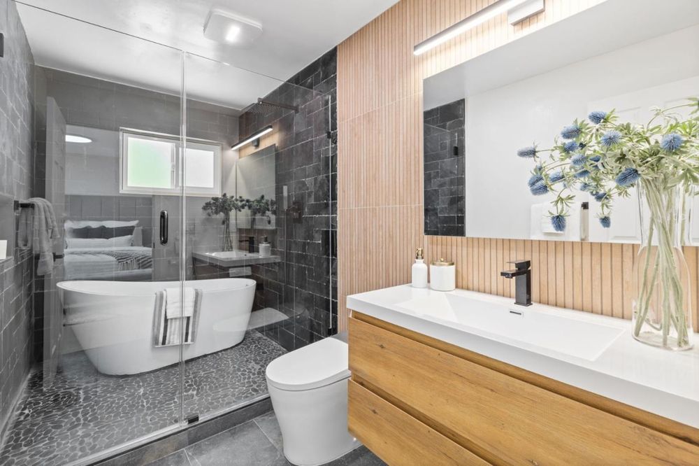 Spa primary bath with freestanding tub — Redwood City remodel
