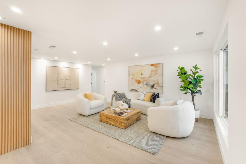 Living room with wood slat accent wall